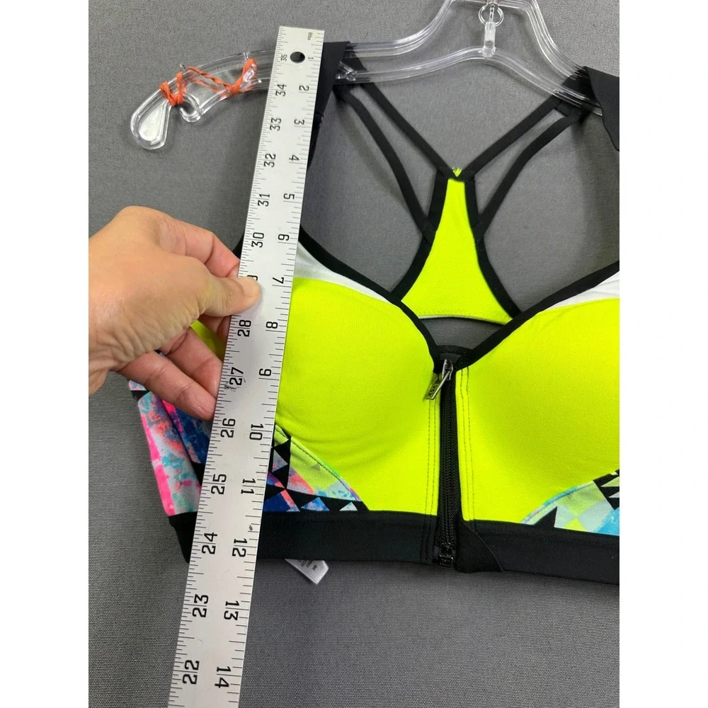 VSX Victoria's Secret‎ Neon Yellow Front Zip Racerback Sports Bra Geometric 34B